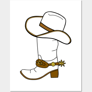 WHITE Cowboy Boot And Hat Posters and Art